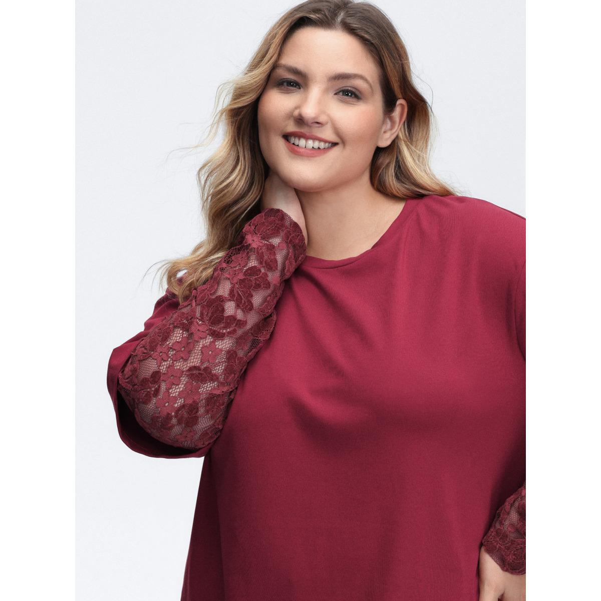 Plus Size 2-In-1 Layered Sheer Lace Sleeve T-Shirt Scarlet Women Leisure Round Neck Casual T-shirts BloomChic 30/6X Product Image