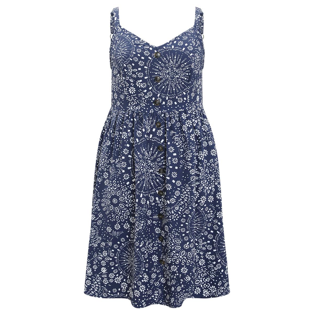 Plus Size Moroccan Print Pocket Button Detail Cami Dress Indigo Women Vacation Adjustable Straps V-neck Sleeveless Curvy Knee Dress BloomChic 12/L Product Image