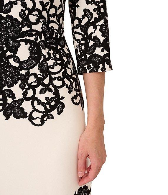 Adrianna Papell Printed Stretch Boat Neck 3/4 Sleeve Crepe Lace Sheath Dress Product Image