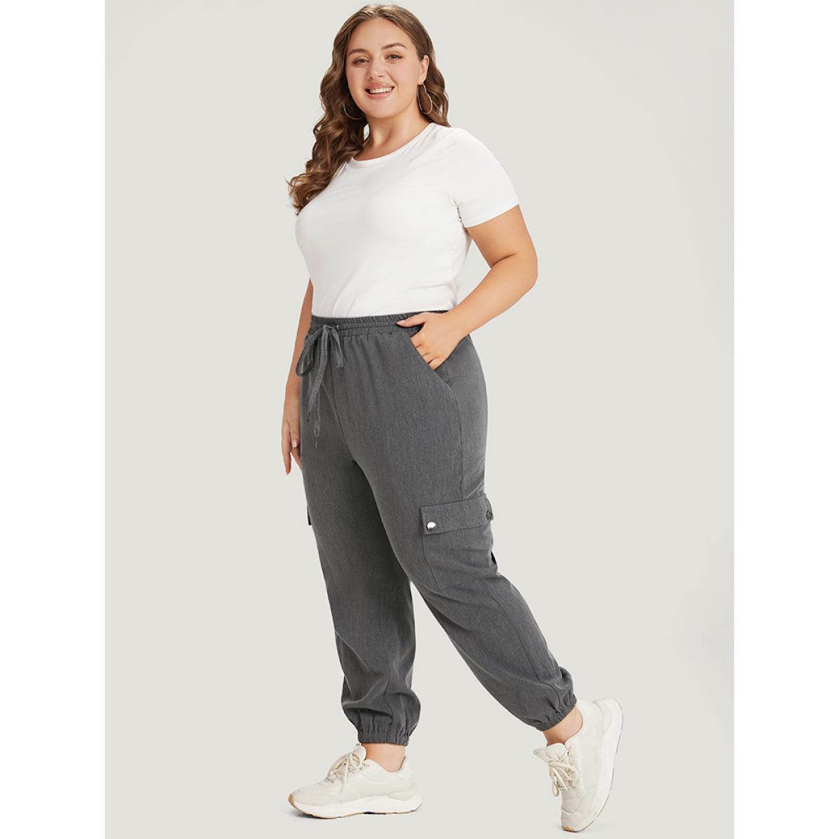 Plain Eyelet Drawstring Flap Pocket Sweatpants DimGray Plus Size Women Casual Dailywear Drawstring 22-24/3X Bloomchic Product Image