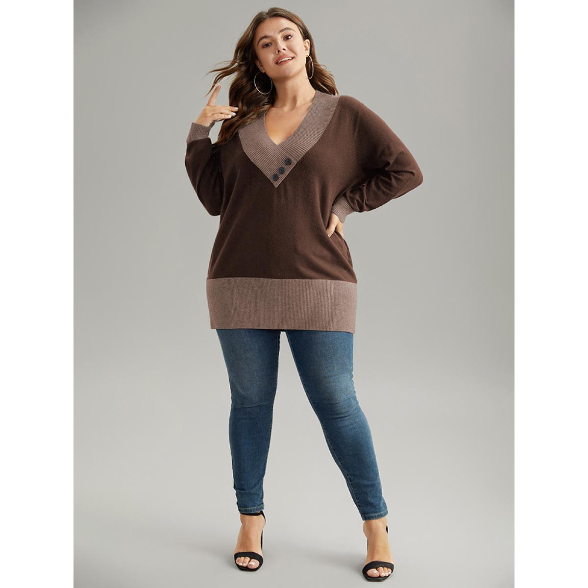 Plus Size Supersoft Essentials Contrast Deep V Neck Button Detail Pullover DarkBrown Women Casual Long Sleeve Deep V-neck Everyday Pullovers BloomChic 14-16/1X Product Image