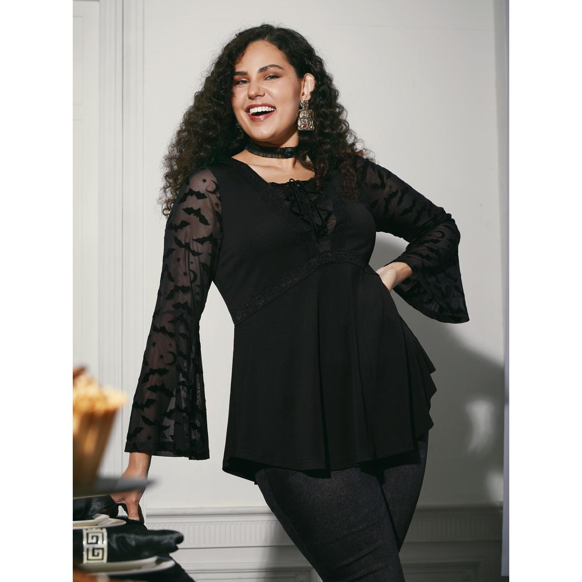 Plus Size Black Bat Wing Elastic Flocking Corn Straps Blouse Women Elegant Long Sleeve Square Neck Everyday Blouses BloomChic 14-16/1X Product Image