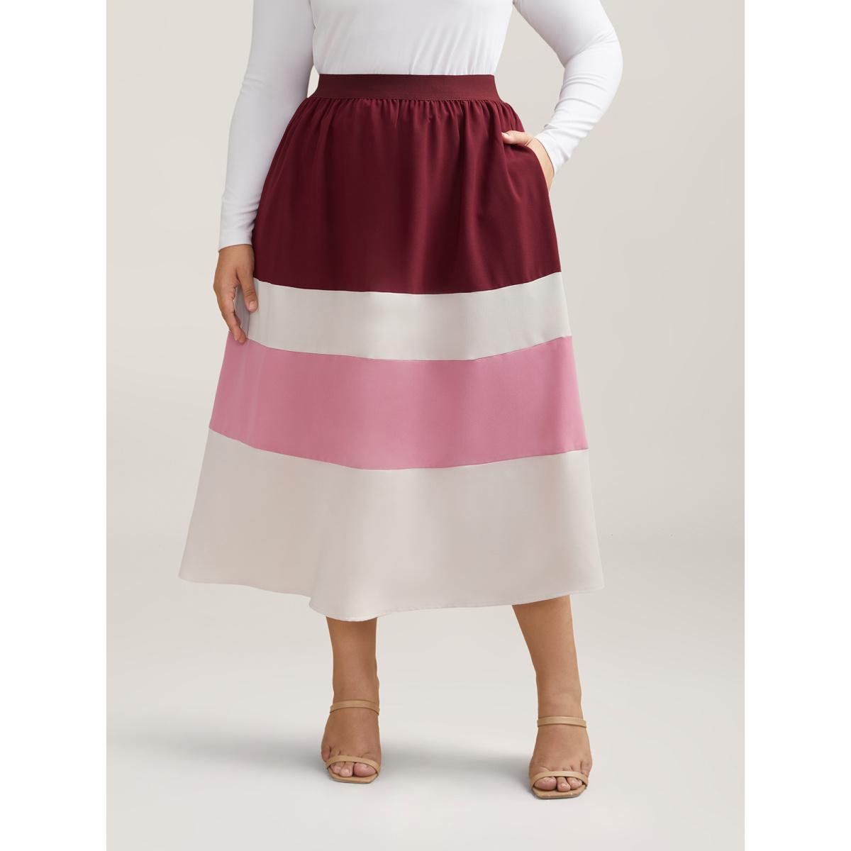 Plus Size Color Block Tiered Midi Skirt Women Scarlet Elegant Contrast Loose Low stretch Side seam pocket Everyday Skirts BloomChic 30/6X Product Image