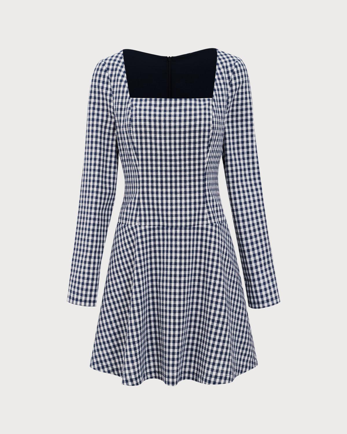 Navy Square Neck Plaid Mini Dress Product Image