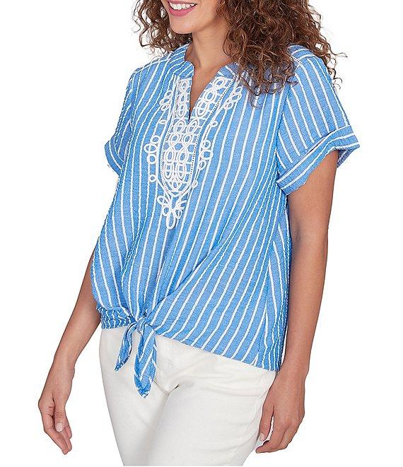Ruby Rd. Embroidered Stripe Split V-Neck Short Sleeve Tie-Front Top Product Image