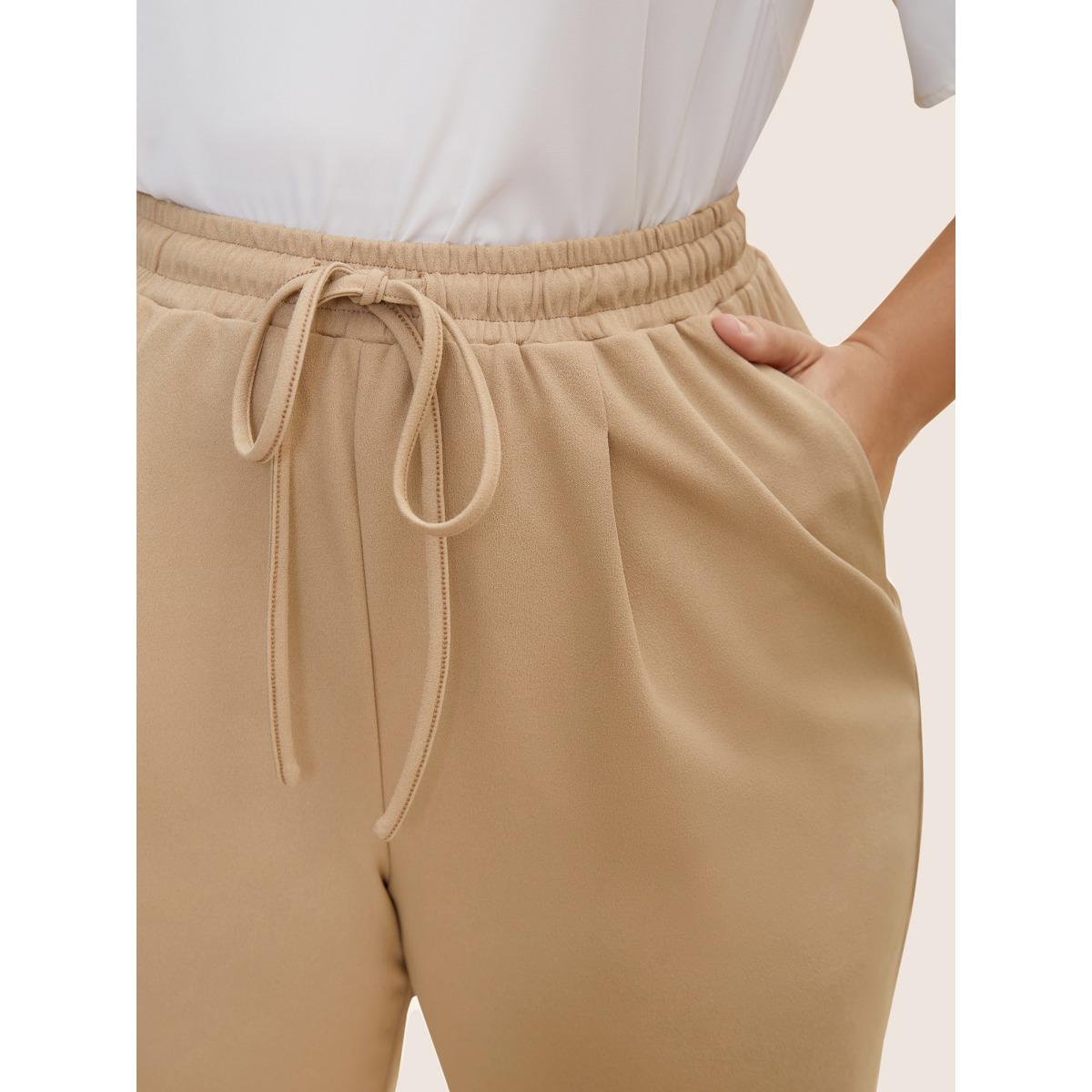 Plus Size Solid Drawstring Elastic Waist Pencil Pants Women Champagne Work From Home Mid Rise Work Pants BloomChic 18-20/2X Product Image