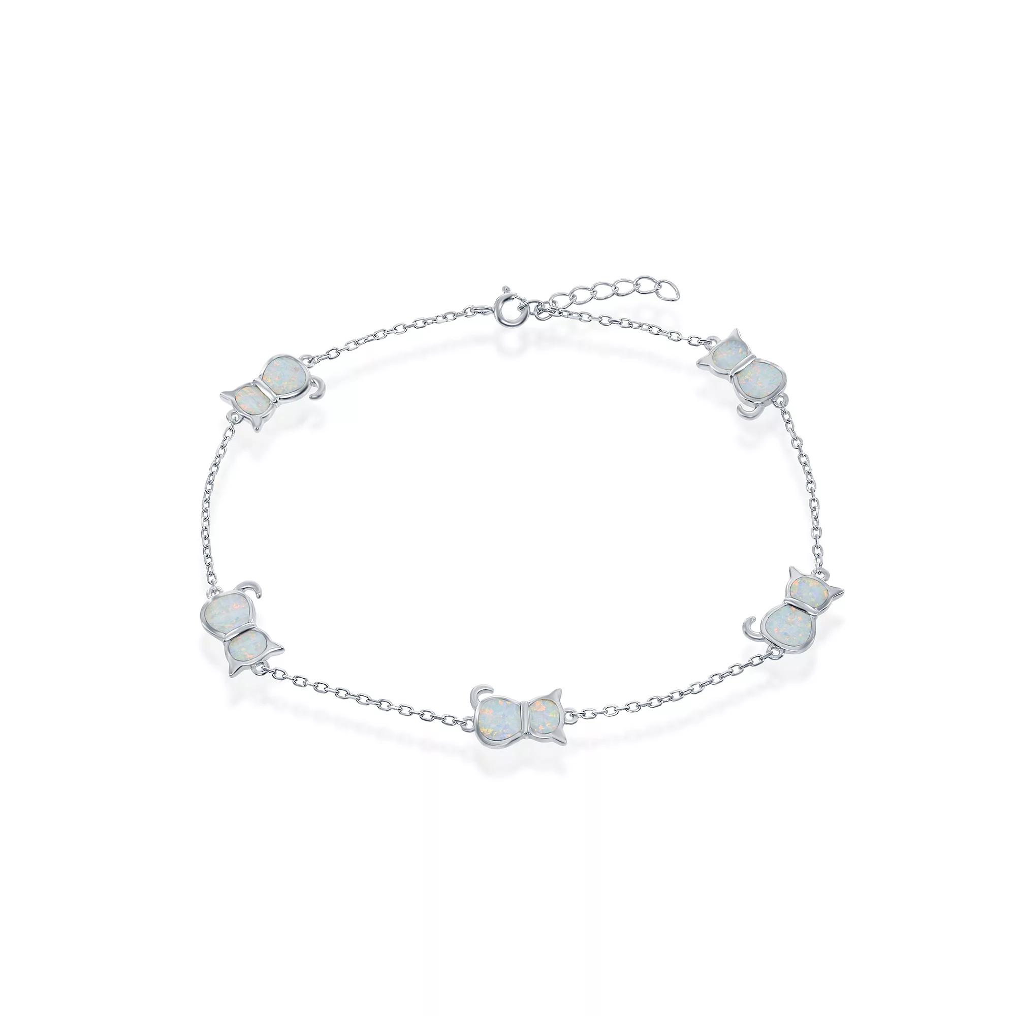 Sterling Silver & Lab-Created Opal Cat Pendants Anklet, Womens White Product Image