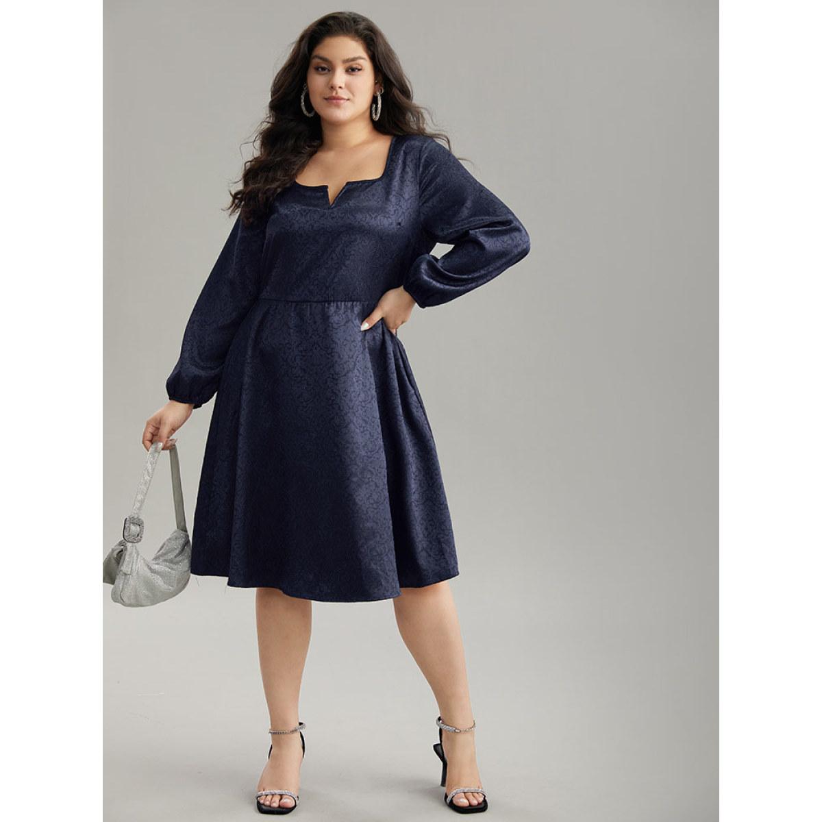 Plus Size Plain Textured Notched Lantern Sleeve Dress Indigo Women Glamour Elastic cuffs Notched collar Long Sleeve Curvy Knee Dress BloomChic 14-16/1X Product Image