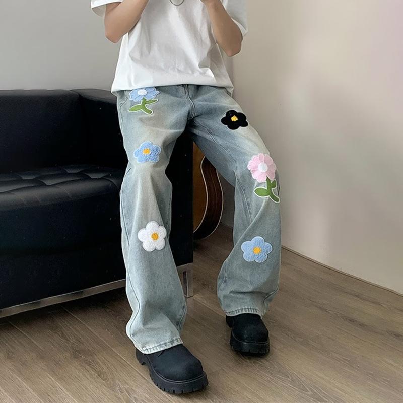 Sopula Hiphop Street Flower Embroidered Straight Jeans Product Image
