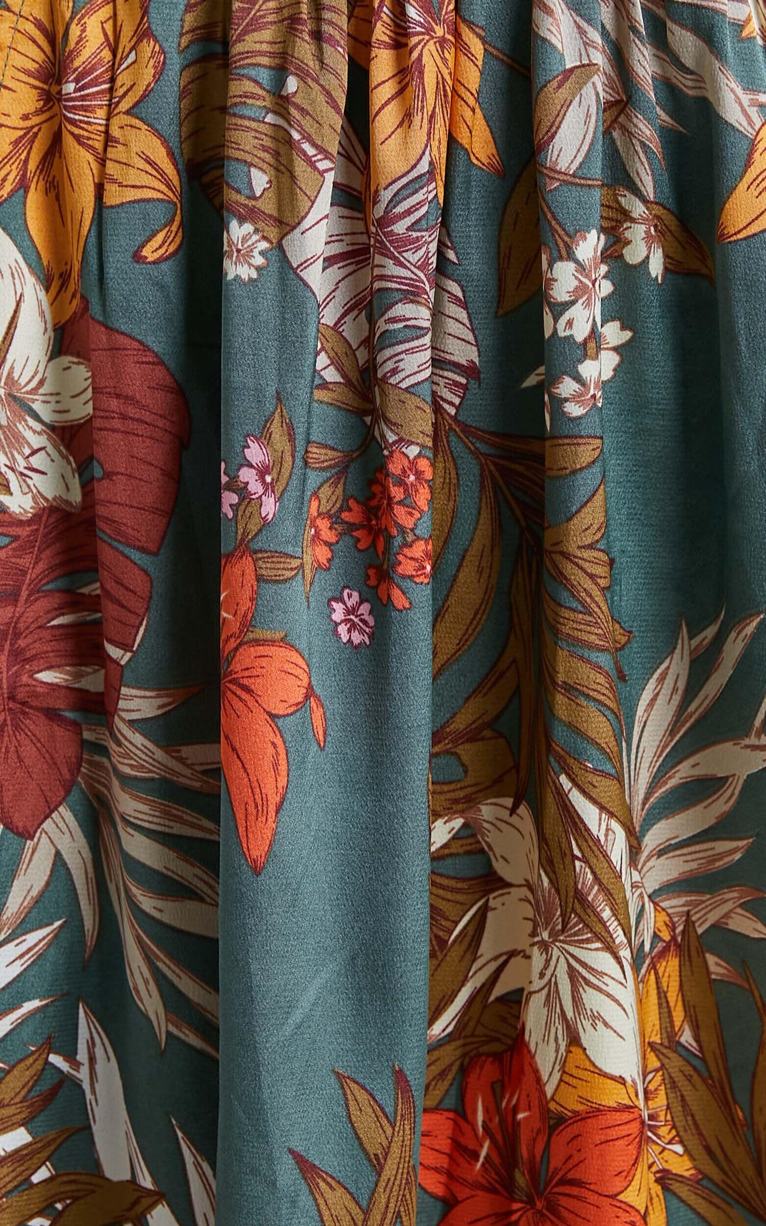 Vacay Ready Maxi Dress - Plunge Thigh Split Dress in Teal Floral Satin Product Image