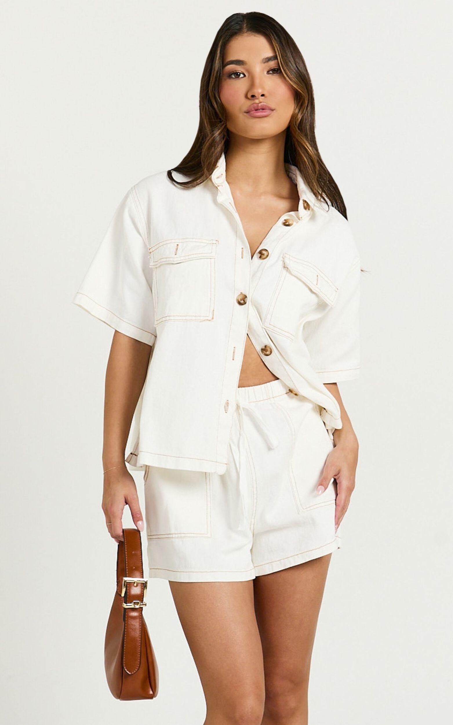 Brydie Two Piece Top and shorts Set - Denim Short Set in White Product Image