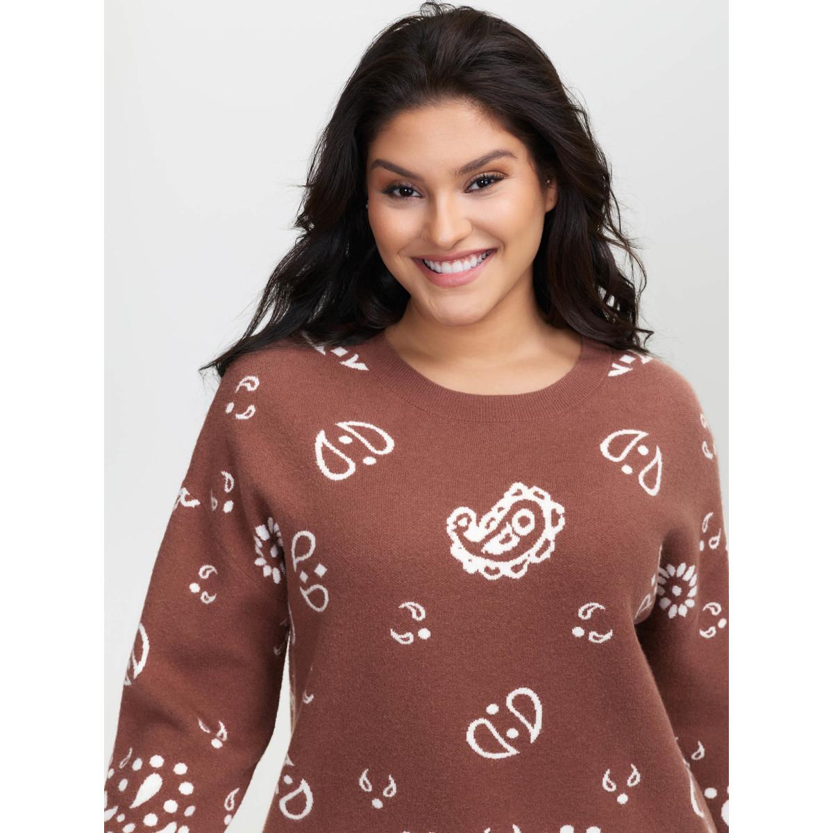 Plus Size Paisley Print Round Neck Pullover Rust Women Playful Loose Long Sleeve Round Neck Casual Pullovers BloomChic 18-20/2X Product Image
