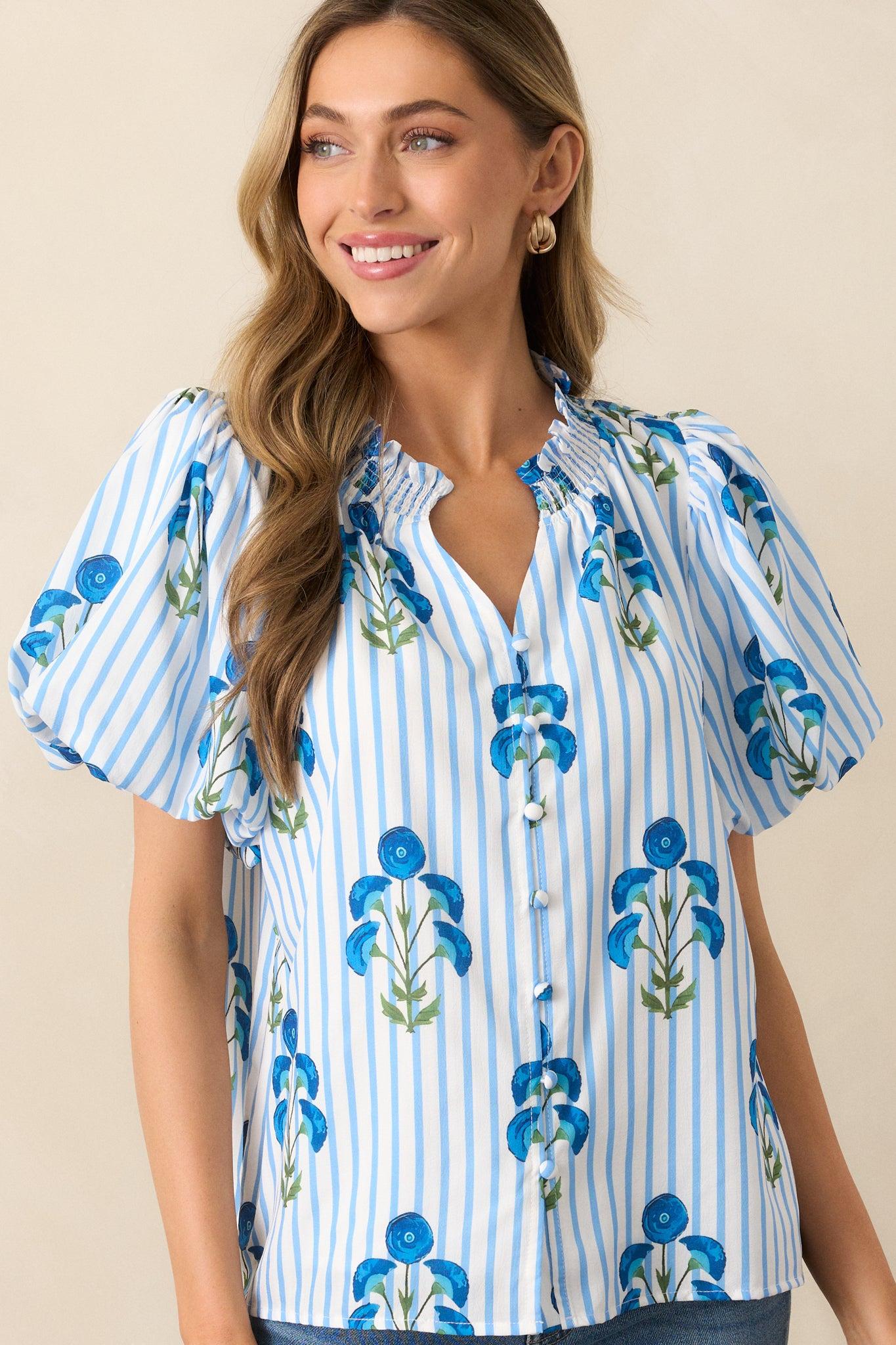 Poppy Fields Blue Button Front Puff Sleeve Top Product Image