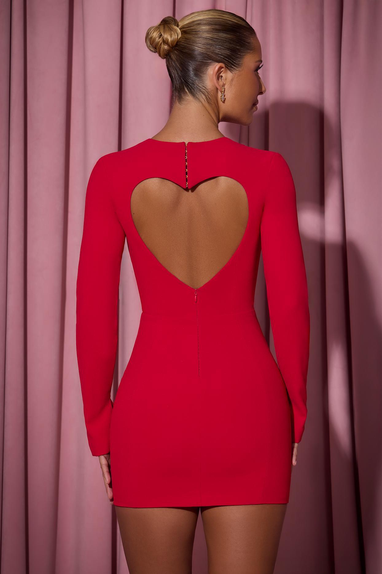 Cut-Out Heart-Detail Bodycon Mini Dress in Red Product Image