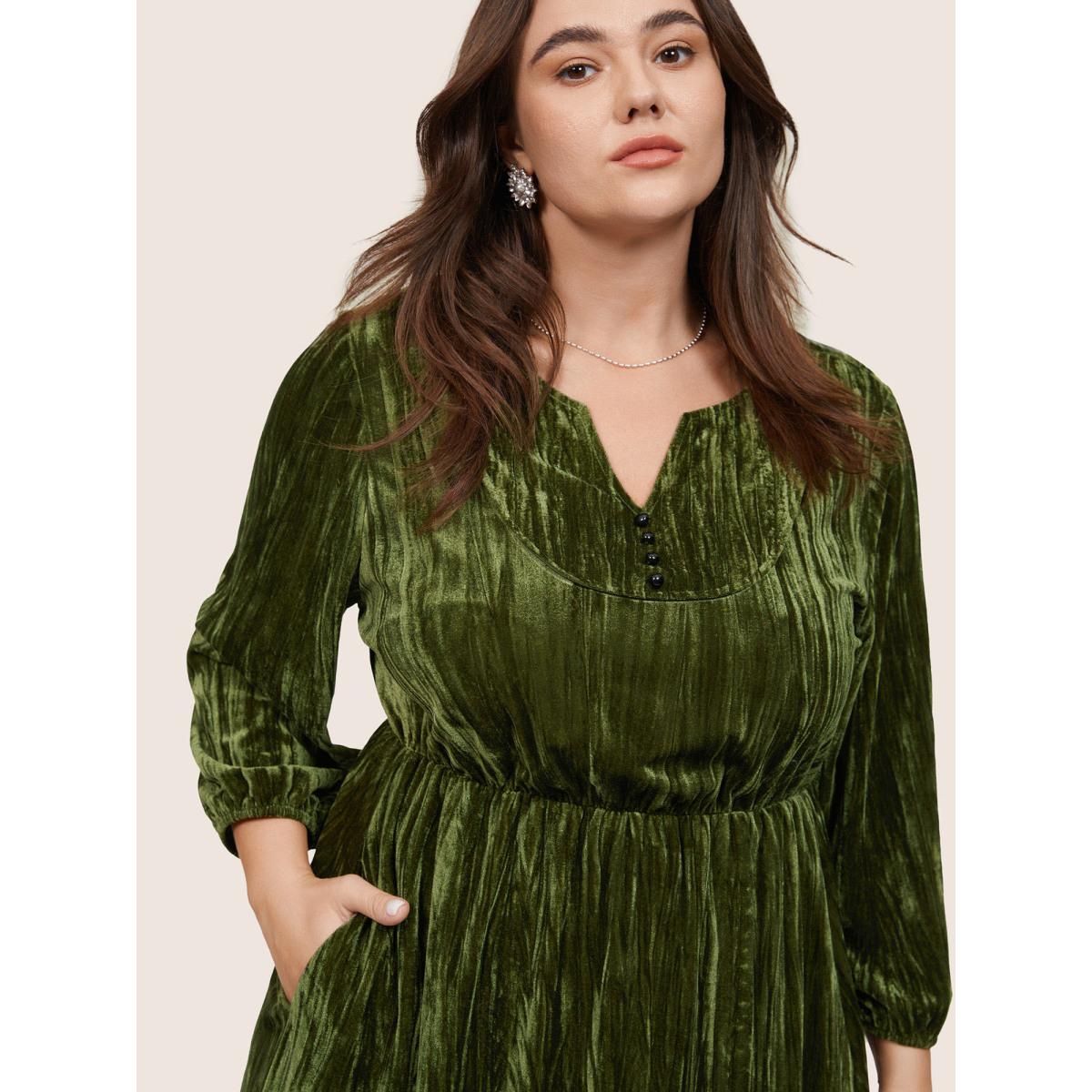 Plus Size Velvet Button Detail Notched Elastic Waist Dress ArmyGreen Women Elegant Velvet Notched collar Long Sleeve Curvy Midi Dress BloomChic 12/L Product Image