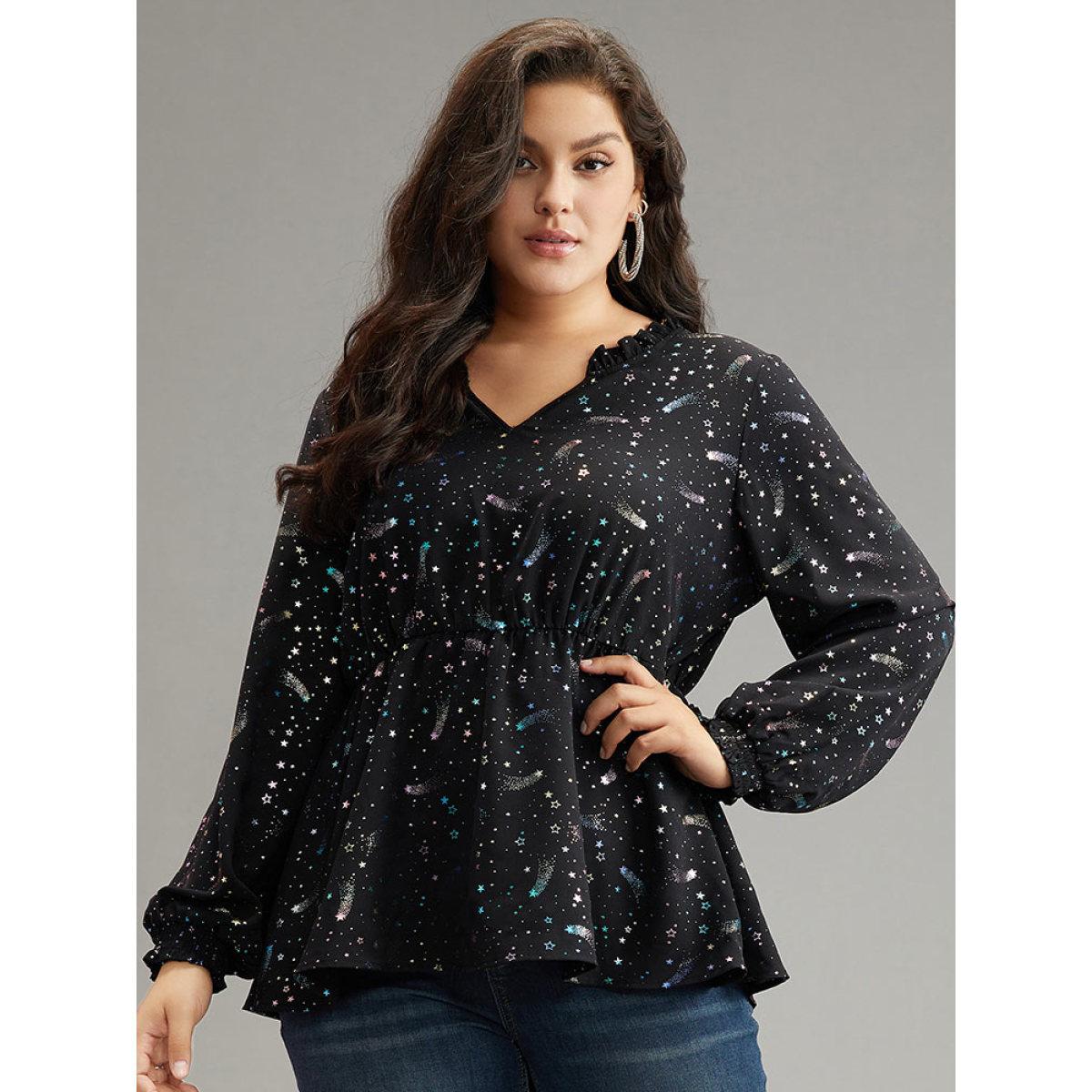 Plus Size Black Star Glitter Shirred Frill Trim Lantern Sleeve Blouse Women Elegant Long Sleeve V-neck Dailywear Blouses BloomChic 28/5X Product Image