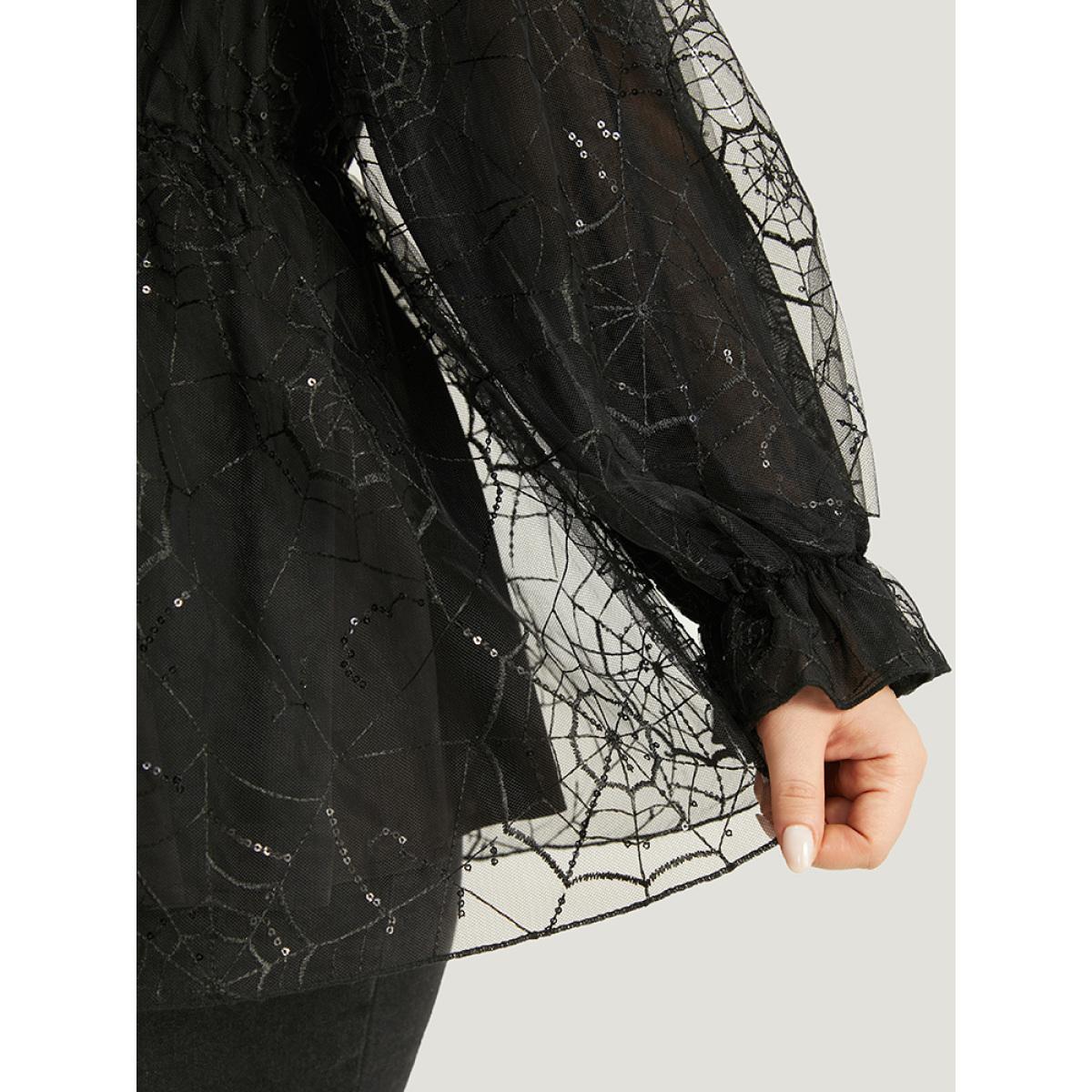 Plus Size Black Halloween Square Neck Spider Web Crochet Lace Mesh Blouse Women Glamour Long Sleeve Square Neck Festival-Halloween Blouses BloomChic 26/4X Product Image