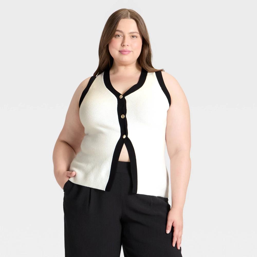 Women's Button Sweater Vest - A New Day™ Cream/Black 1X Product Image