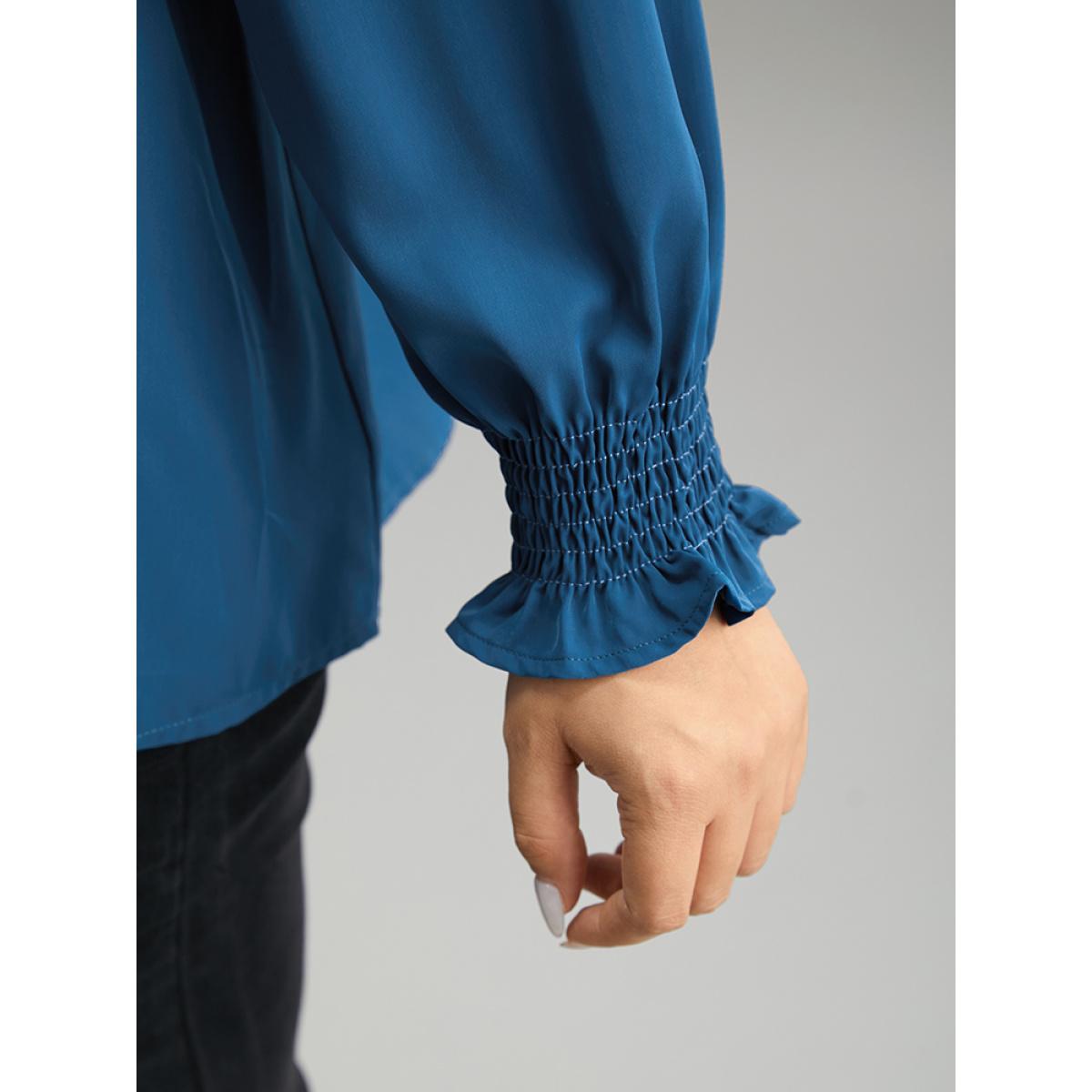 Plus Size Aegean Static-Free Plain Metal Detail Keyhole Shirred Blouse Women Office Long Sleeve Keyhole Cut-Out Office Blouses BloomChic 26/4X Product Image