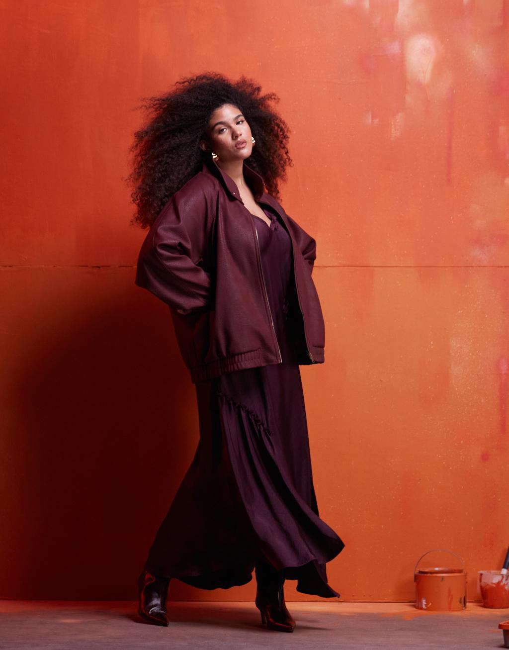 ASOS DESIGN Curve leather look bomber jacket in burgundy Product Image