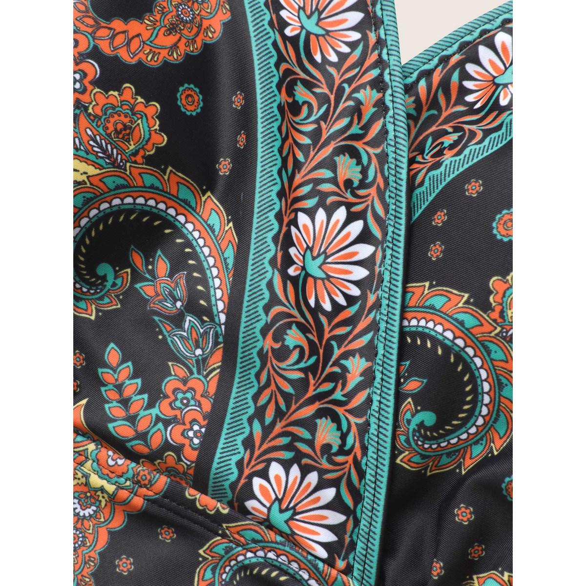 Plus Size Paisley Print Overlap Collar Ruched One Piece Swimsuit Women's Swimwear Black Beach Gathered Curve Bathing Suits High stretch One Pieces BloomChic 28/5X Product Image