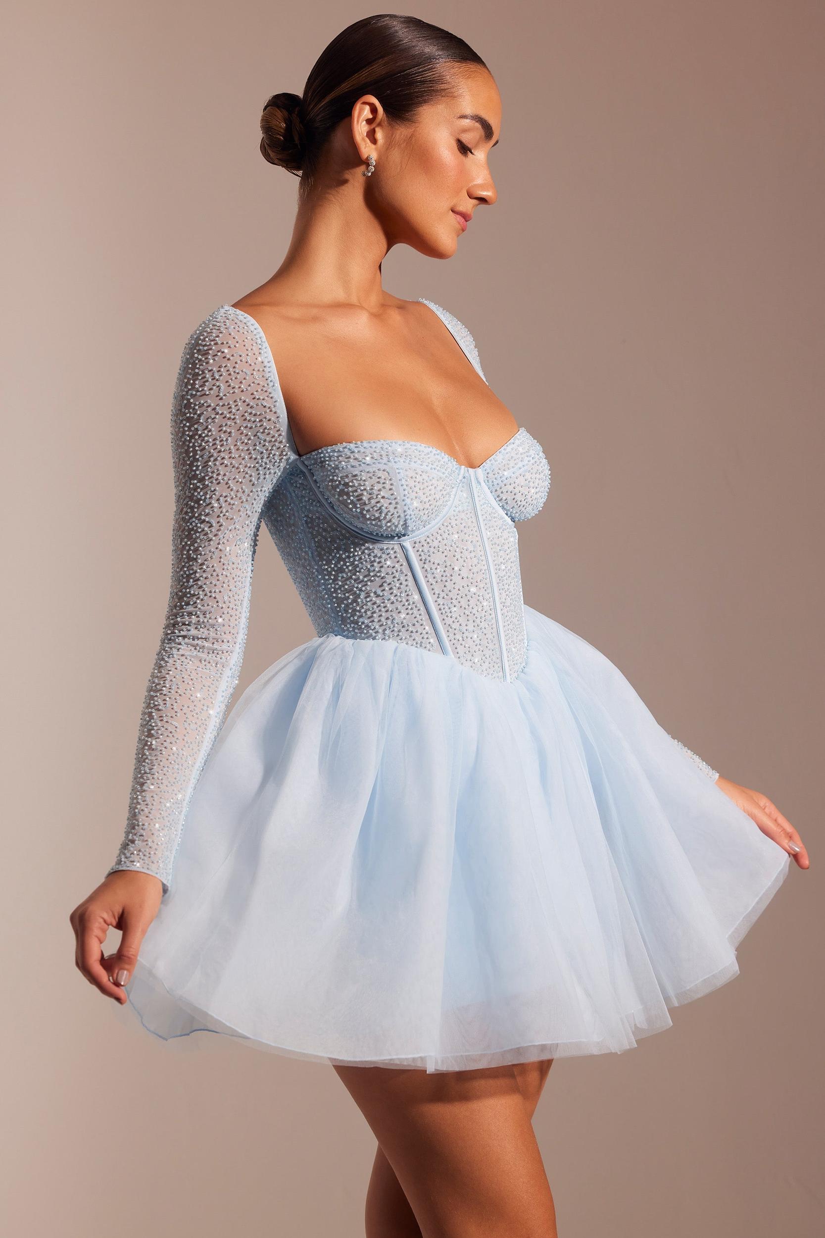 Embellished Long Sleeve Tulle Skirt Mini Dress in Blue Product Image