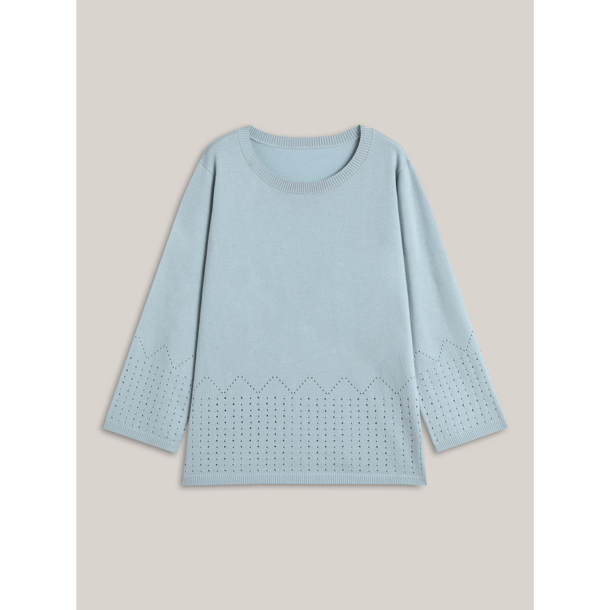 Plus Size Lightweight Woolen Cut-Out Pullover LightBlue Women Casual Loose Long Sleeve Round Neck Everyday Pullovers BloomChic 28/5X Product Image