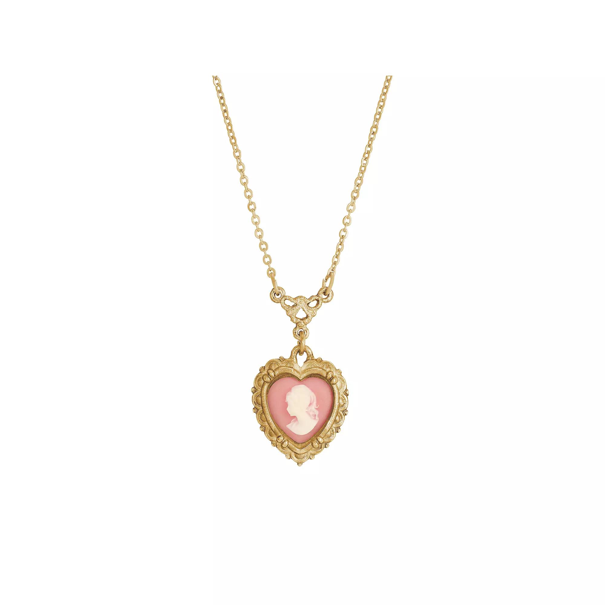 1928 Gold Tone Pink Heart Cameo Pendant Necklace, Womens, Orange Product Image