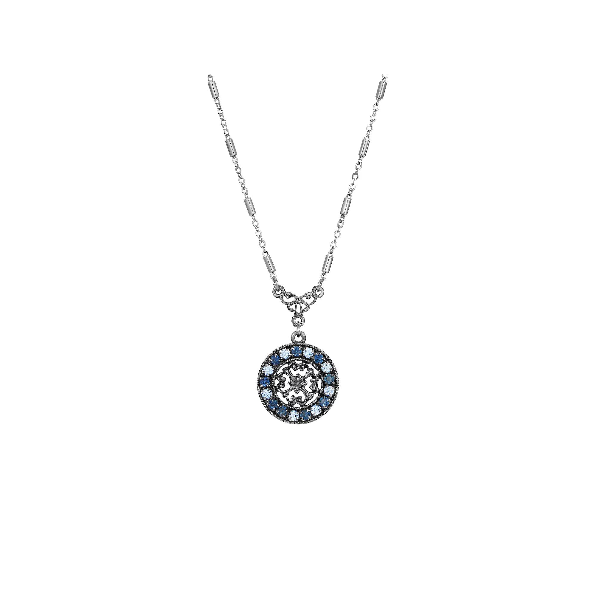1928 Silver Tone Crystal Medallion Necklace, Womens, Blue Product Image