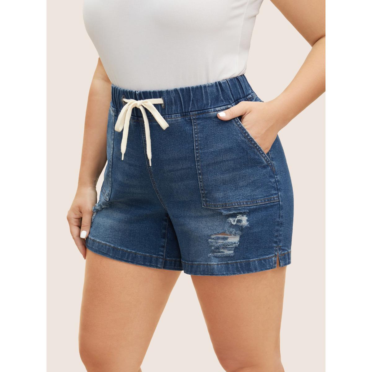 Plus Size Dark Wash Drawstring Distressed Patch Pocket Denim Shorts Women Darkindigo Distressed Medium stretch Everyday Patch pocket Casual Denim Shorts BloomChic 24/3X Product Image