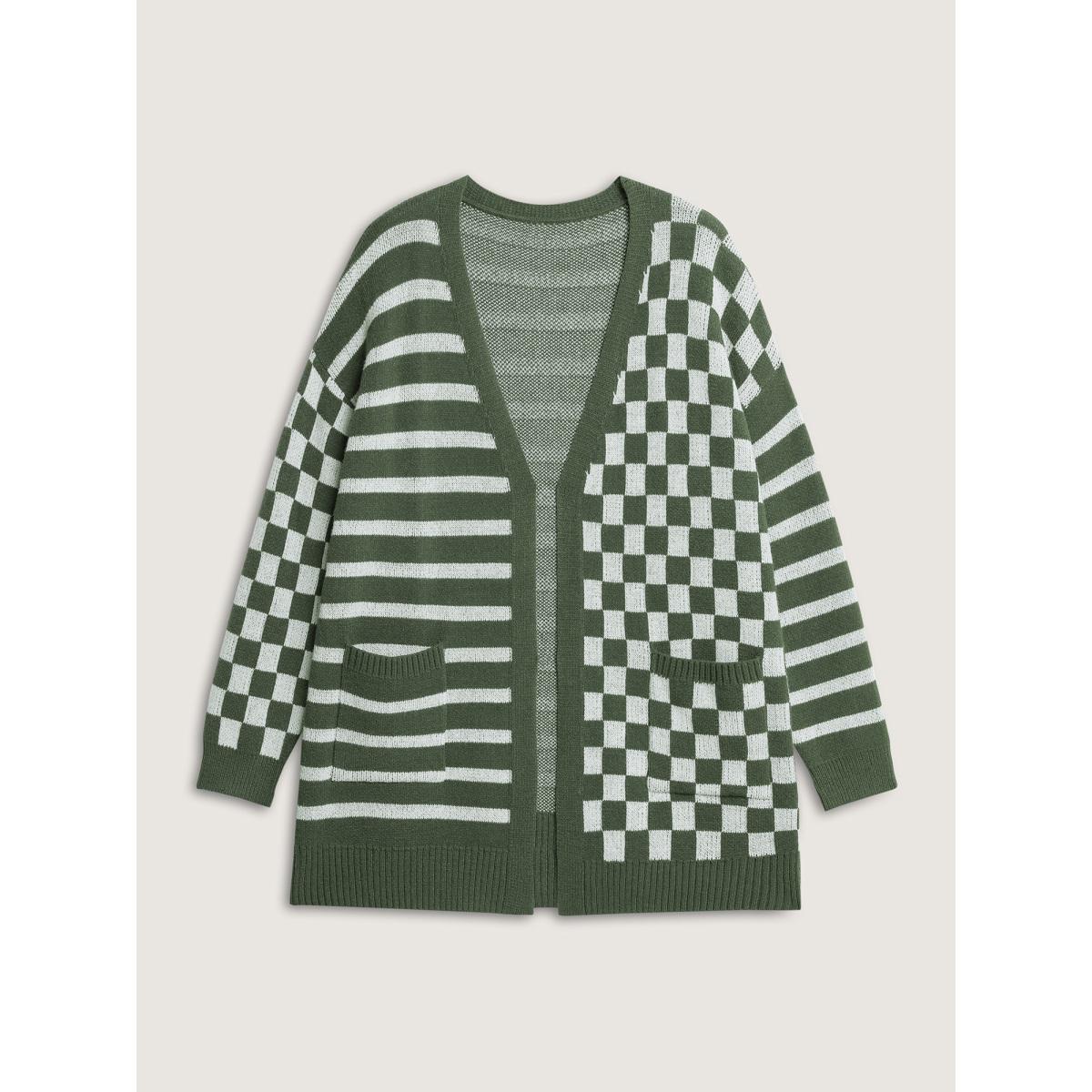 Plus Size Supersoft Stripe Checkered Pockets Knit Cardigan ArmyGreen Women Leisure Loose Long Sleeve Casual Cardigans BloomChic 28/5X Product Image