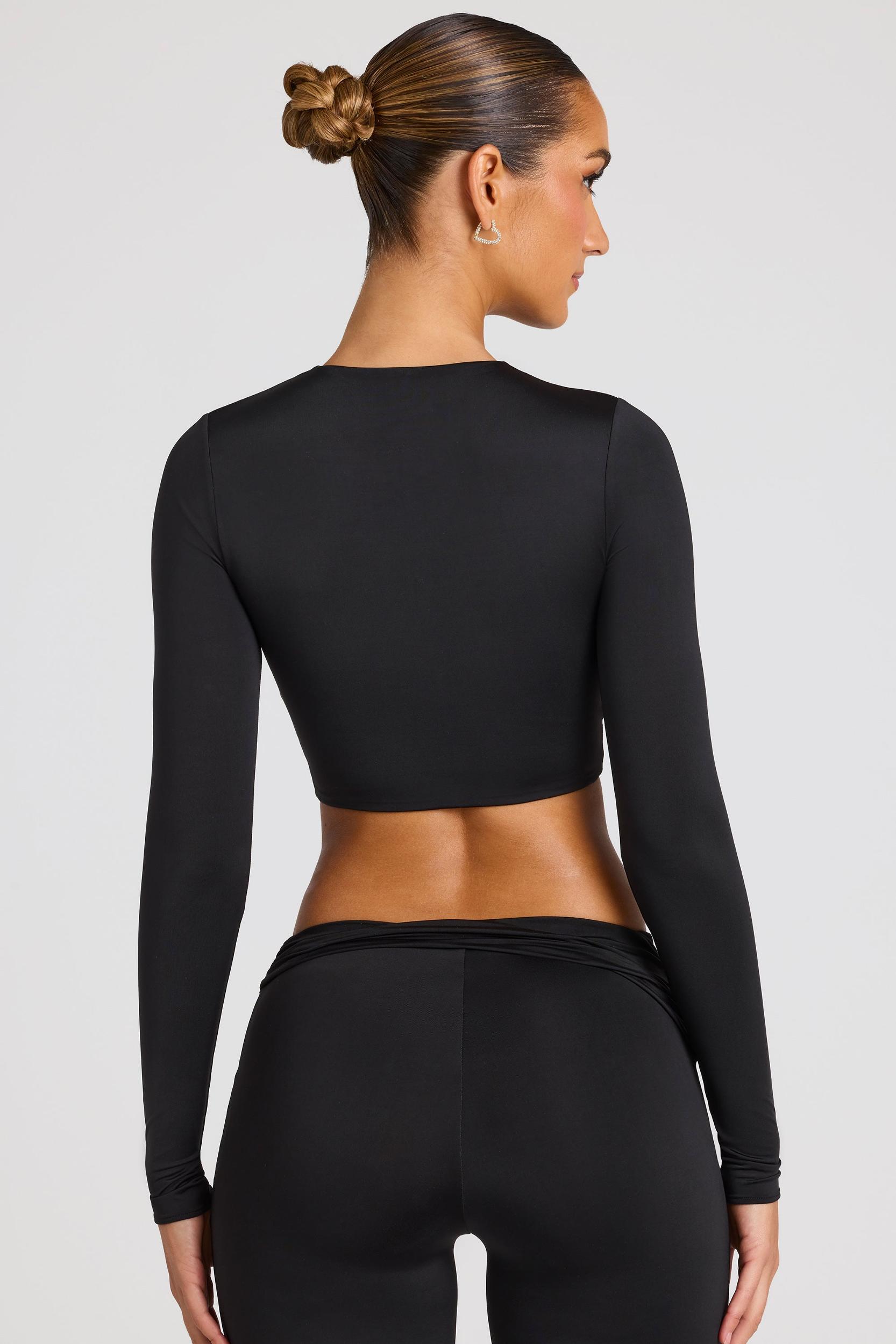 Sheer Panelled Long Sleeve Crop Top in Black Product Image