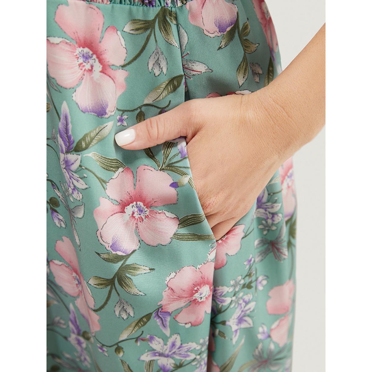 Plus Size Floral Pleated Shirred Notched Pocket Ruffle Trim Shirred Dress Mint Women Elegant Pleated Notched collar Cap Sleeve Curvy Midi Dress BloomChic 30/6X Product Image