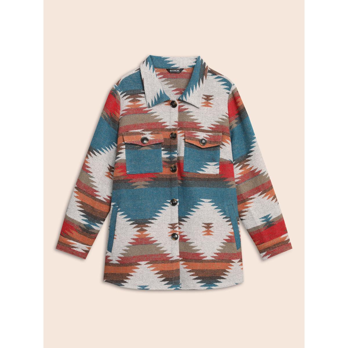 Plus Size Geometric Contrast Flap Detail Jacket Women Multicolor Contrast Loose Slanted pocket Everyday Jackets BloomChic 14-16/1X Product Image