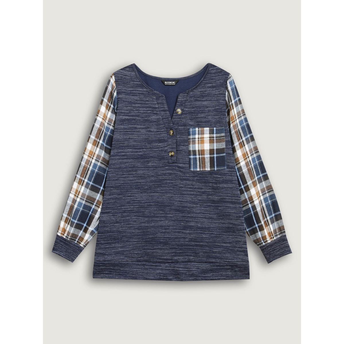 Plus Size Plaid Sleeve Button Up Patchwork Sweatshirt Women Indigo Leisure Contrast Notched collar Casual Sweatshirts BloomChic 18-20/2X Product Image