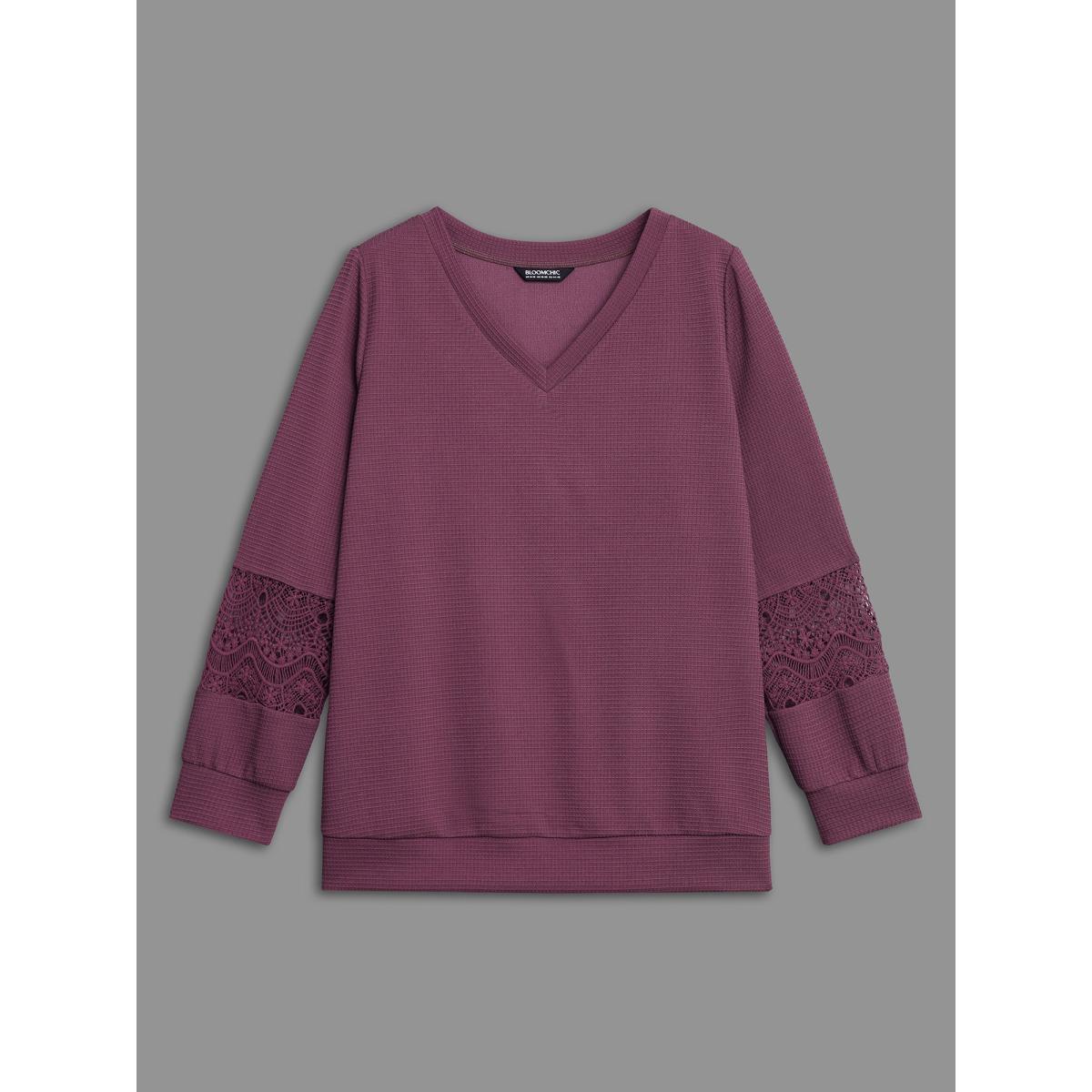 Plus Size V Neck Textured Lace Patchwork Sweatshirt Women Deeppurplered Casual Texture V-neck Everyday Sweatshirts BloomChic 14-16/1X Product Image