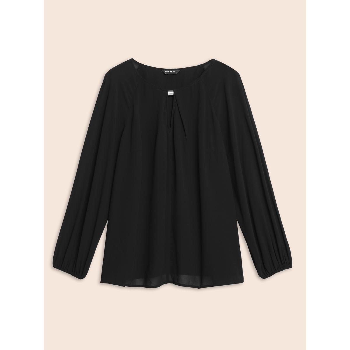 Plus Size Black Keyhole Metal Detail Gathered Blouse Women Elegant Long Sleeve Asymmetrical Neck Everyday Blouses BloomChic 18-20/2X Product Image