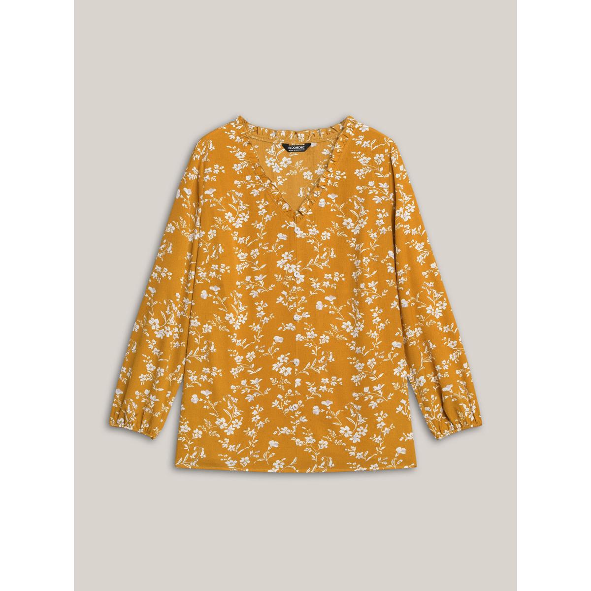Plus Size Turmeric Floral Print V-Neck Ruffled Shirt Women Elegant Extra Long Sleeve V-neck Everyday Blouses BloomChic 22-24/3X Product Image