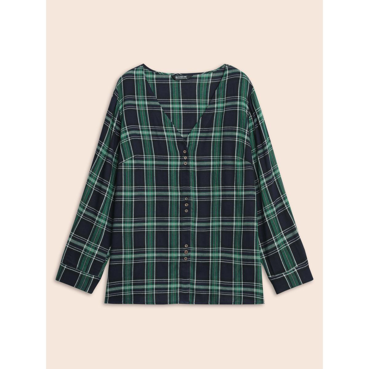 Plus Size DarkGreen V Neck Plaid Button Detail Blouse Women Casual Long Sleeve V-neck Everyday Blouses BloomChic 22-24/3X Product Image