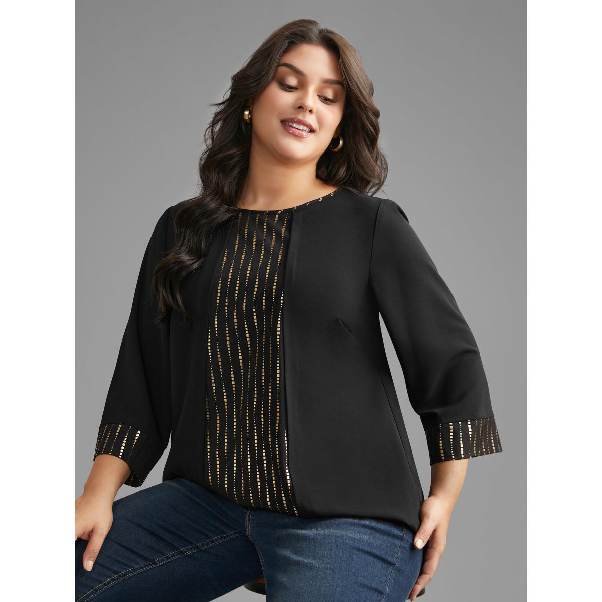 Plus Size Black Crew Neck Glitter Patchwork Contrast Blouse Women Cocktail Long Sleeve Round Neck Party Blouses BloomChic 12/L Product Image