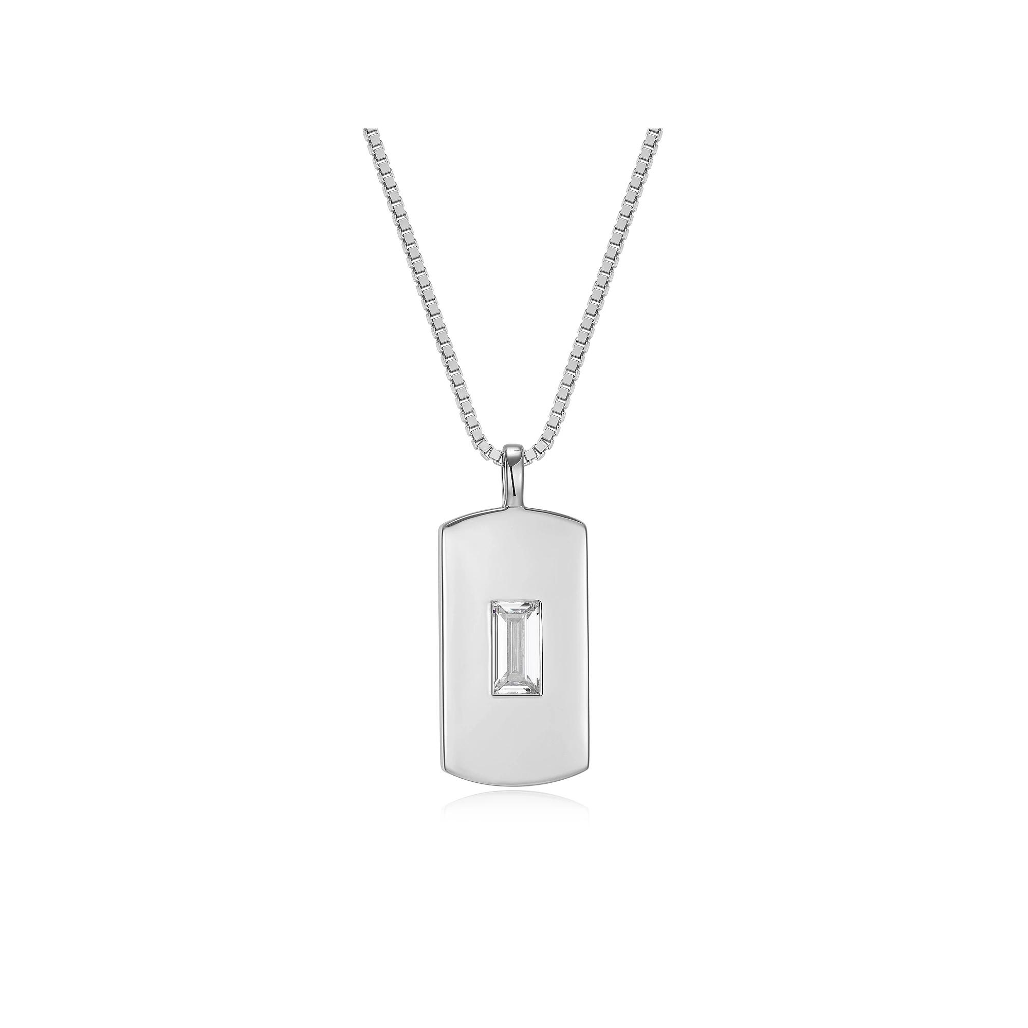 Men's Sterling Silver Cubic Zirconia Baguette Dog Tag Pendant Necklace, Size: 22" Product Image