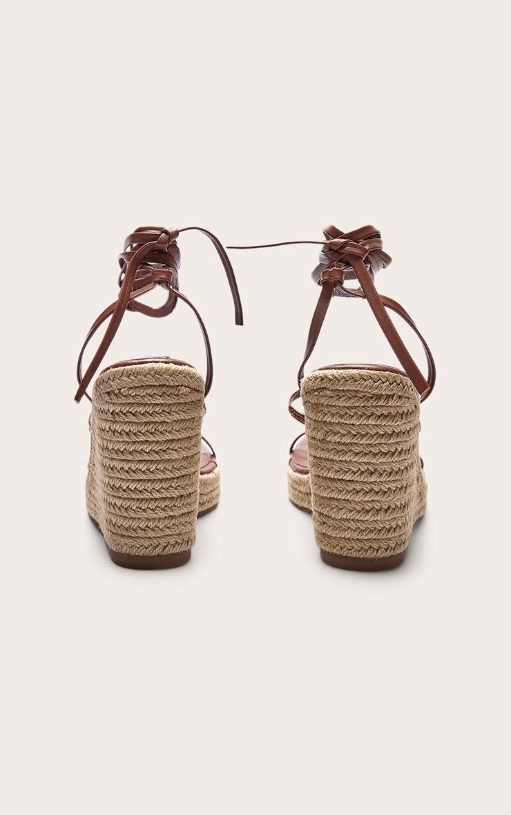 Tan Pu Square Toe Espadrille Lace Up High Heeled Wedges Product Image
