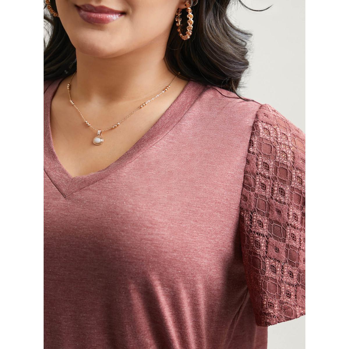 Plus Size Stretchy Flared Lace Sleeves T-Shirt Russet Women Elegant Patchwork V-neck Everyday T-shirts BloomChic 18-20/2X Product Image