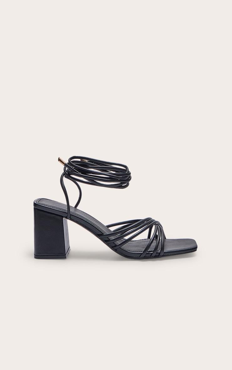 Black Pu Square Multi Criss Cross Strap Block Heeled Tie Up Sandals Product Image
