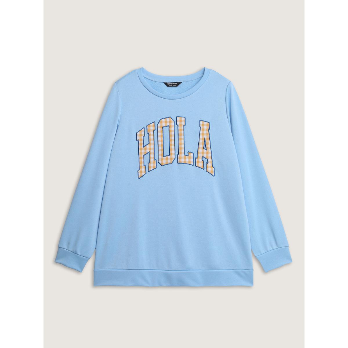Plus Size Hola Applique Embroidery Color Contrast Sweatshirt Women Skyblue Leisure Contrast Round Neck Casual Sweatshirts BloomChic 14-16/1X Product Image