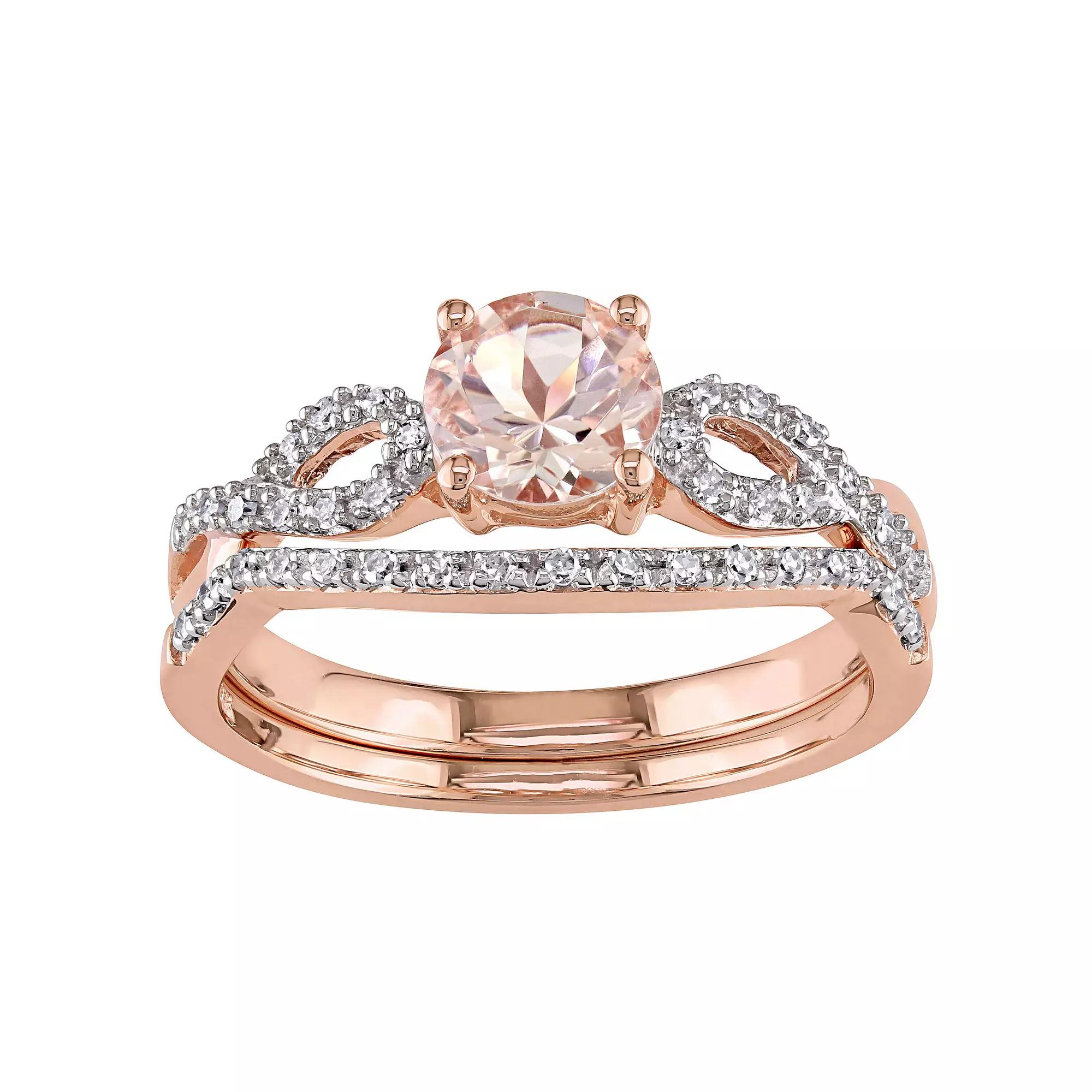 Stella Grace 10k Rose Gold Morganite, Lab-Created White Sapphire & 1/8 Carat T.W. Diamond Engagement Ring Set, Women's,  Product Image