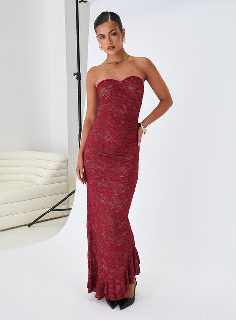 Hailees Lace Strapless Maxi Dress Red Product Image