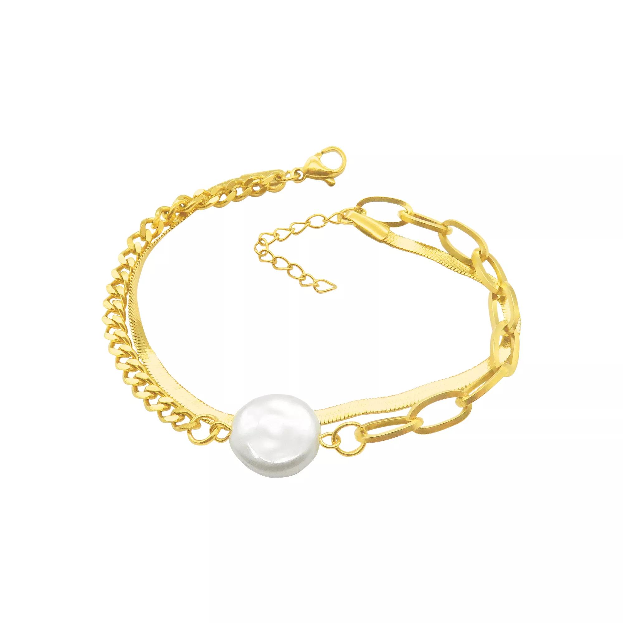 Adornia 14k Gold Plated Stainless Steel Mixed Chain Freshwater Cultured Pearl Bracelet, Women's, Size: 7", Gold Tone Product Image