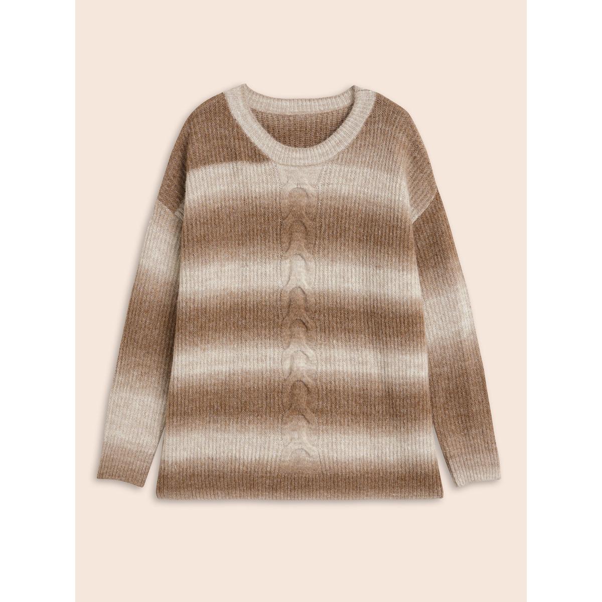 Plus Size Crew Neck Textured Drop Shoulder Pullover Yellowishbrown Women Casual Loose Long Sleeve Round Neck Everyday Pullovers BloomChic 26/4X Product Image