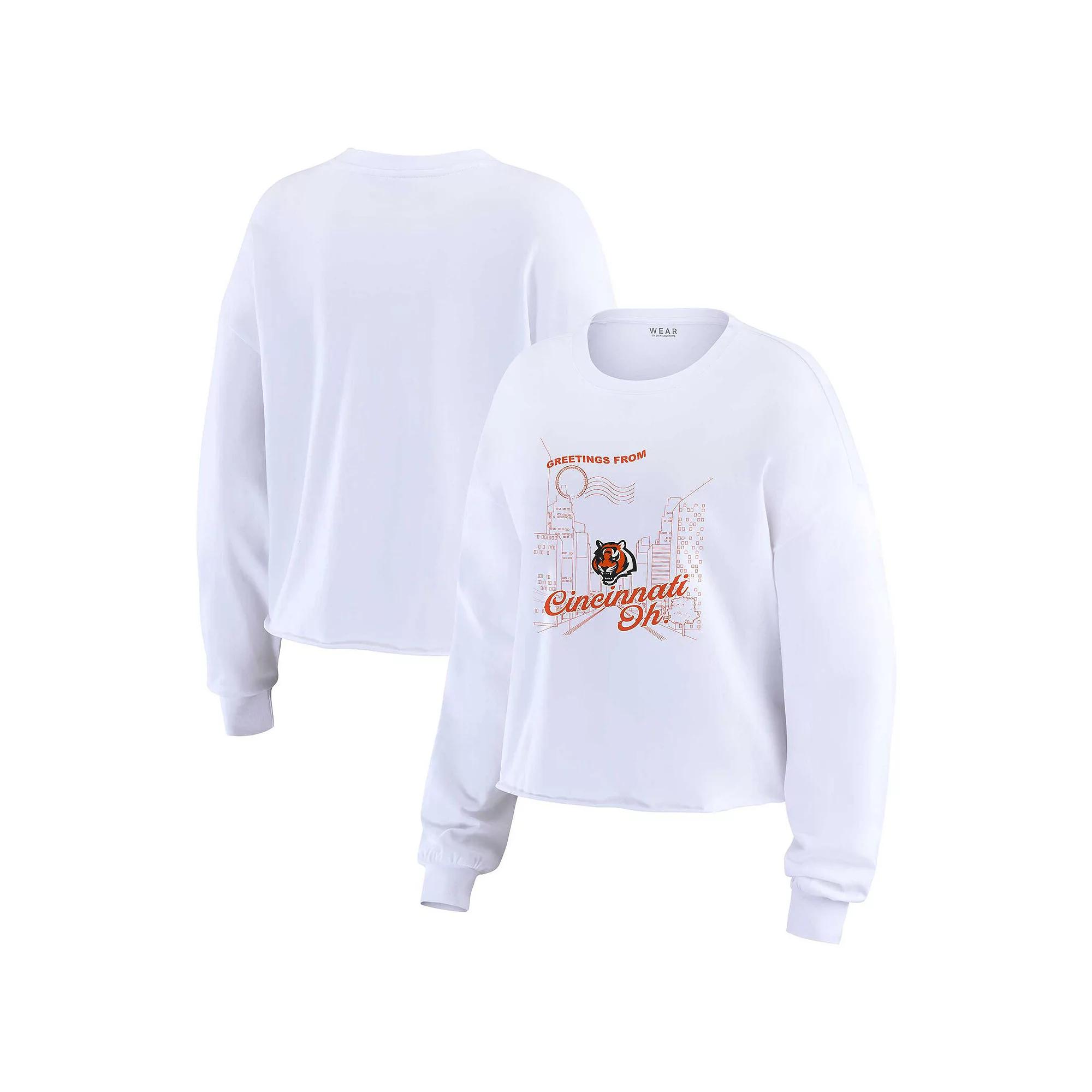 Women's WEAR by Erin Andrews White Cincinnati Bengals Postcard Cropped Long Sleeve Top, Size: Large Product Image